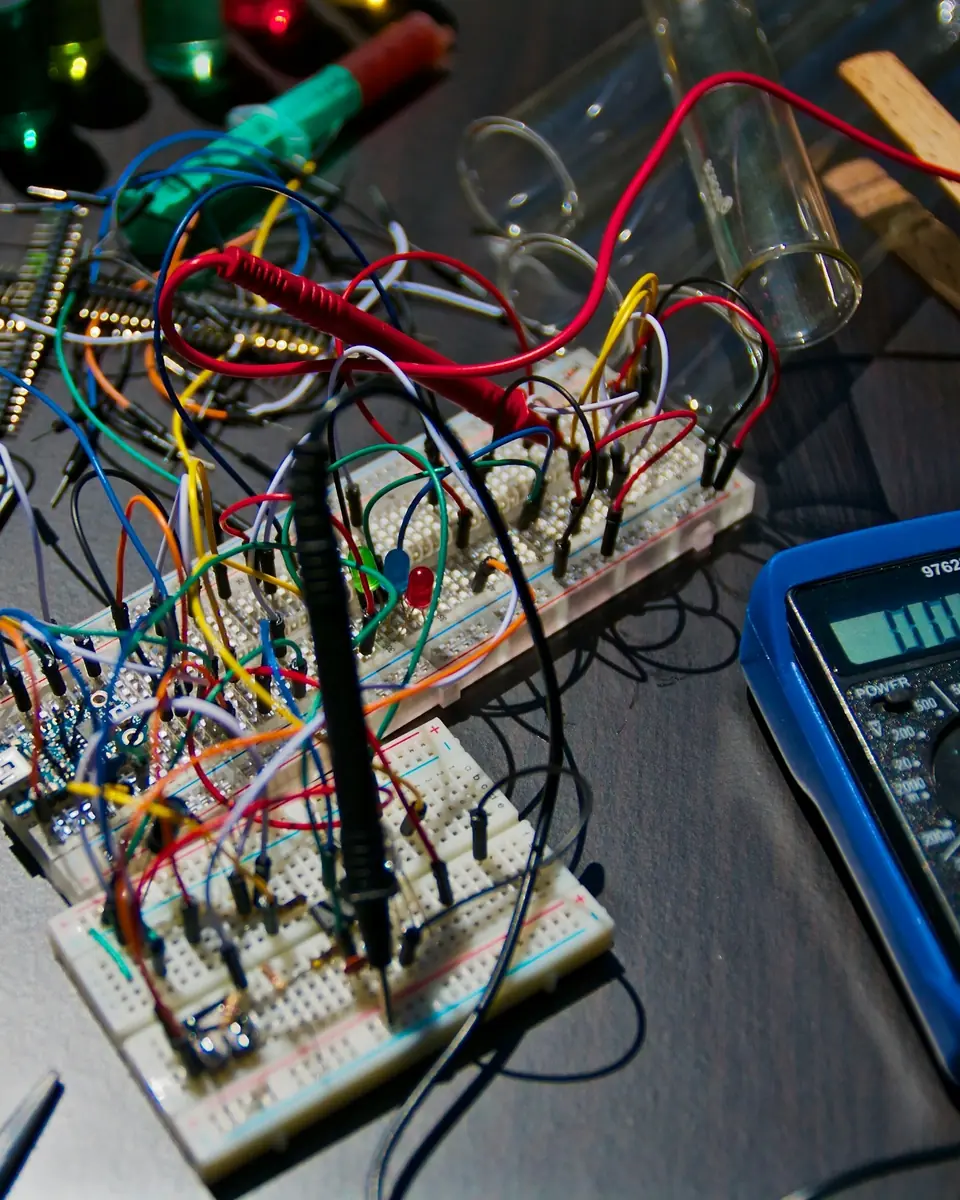 Banco di lavoro con schede elettroniche e multimetro